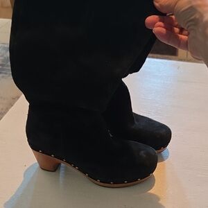 UGG Black Suede Mules with Wooden Heel